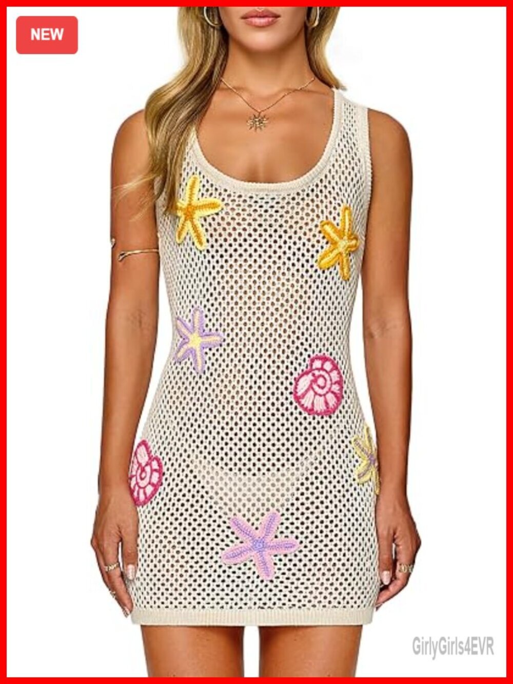 Crochet Sleeveless Beach Cover Up with Hand-Embellished 3D Starfish & Seashells